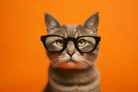 A gray cat wearing black-rimmed glasses against an orange backdrop.の写真素材