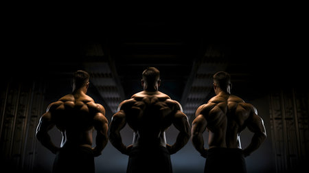 Three muscular men showcasing their physiques from behind, in a dark, dramatic setting.の写真素材