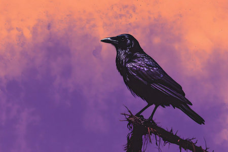 A black raven perched on a branch against a vibrant purple and orange sunset sky.の写真素材