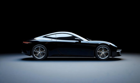 Profile view of a sleek black sports car against a dark background.