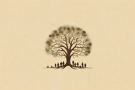 An illustration depicting a family gathered under a large tree, symbolizing family unity and heritage.の写真素材