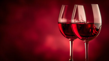 Close-up of two glasses of rich red wine against a deep red backdrop.の写真素材