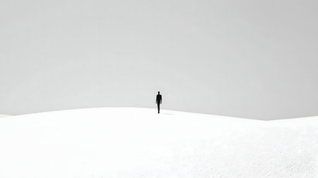 A solitary figure walks across a vast, white landscape. Minimalist and serene.の写真素材