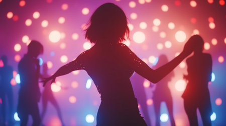 A woman silhouetted against a vibrant neon background at a night club or rave.の写真素材