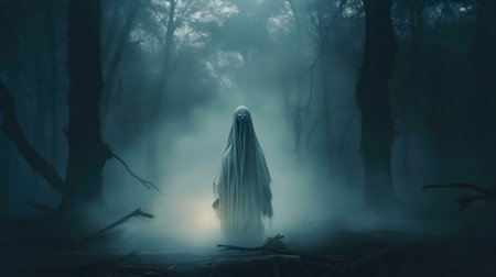 A ghostly figure wanders through a misty forest at night.
