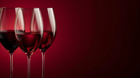 Three elegant wine glasses filled with rich red wine, set against a dark red background. Perfect for wine tasting or celebration.の写真素材
