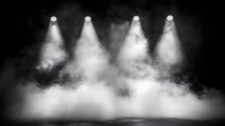 Three spotlights illuminate a smoky stage, creating a dramatic and atmospheric scene.の写真素材
