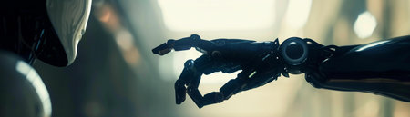 A close-up of a robotic hand reaching towards another robotic figure. A scene of futuristic interaction.の写真素材