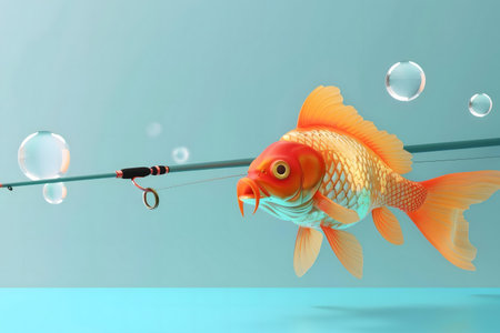 A 3D rendered image of a goldfish near a fishing rod underwater. Bubbles float around. Teal and orange colors dominate.の写真素材