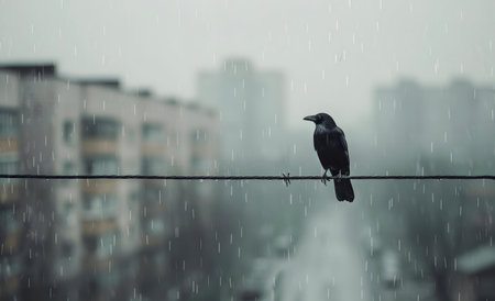 A crow sits alone on a wire during a heavy rain in an urban setting.の写真素材