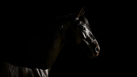 A striking profile of a black stallion against a black background. The lighting emphasizes its form.の写真素材