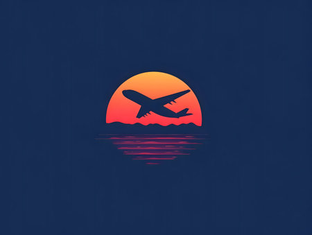 An airplane silhouetted against a vibrant sunset over calm waters.の写真素材