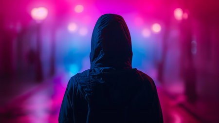 A hooded figure stands in a vibrant neon-lit city at night. Mysterious and atmospheric.の写真素材
