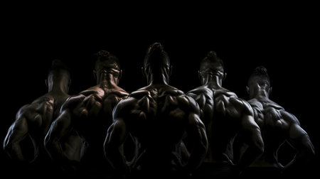 Five muscular men's backs, showcasing impressive physiques. Studio shot with dramatic lighting.の写真素材