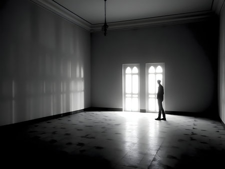 A man silhouetted against bright windows in a large empty room.の写真素材