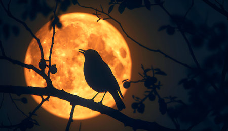 A bird sings under an orange moon at night.の写真素材