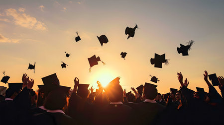 Silhouetted graduates throw their caps at sunset, celebrating their academic success.の写真素材