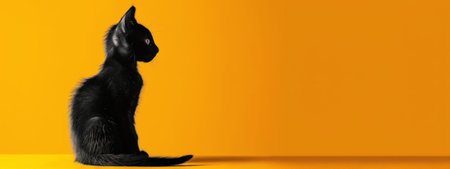 A cute black kitten sits against a vibrant orange backdrop.の写真素材