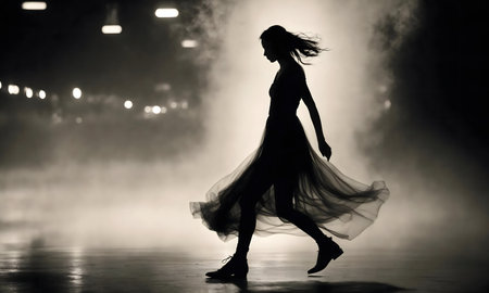 A grayscale photo showing a woman's elegant silhouette in motion, framed by the soft glow of city...