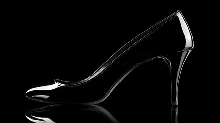 A single black high-heel shoe, elegantly posed against a black background.の写真素材