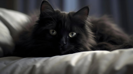 A beautiful black cat rests peacefully on a soft pillow, showing its luxurious fur and captivating gaze.の写真素材