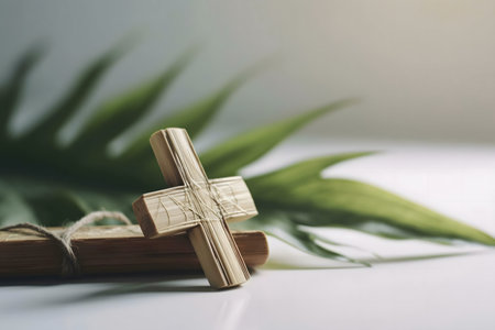 Wooden cross with palm leaves and bookの写真素材