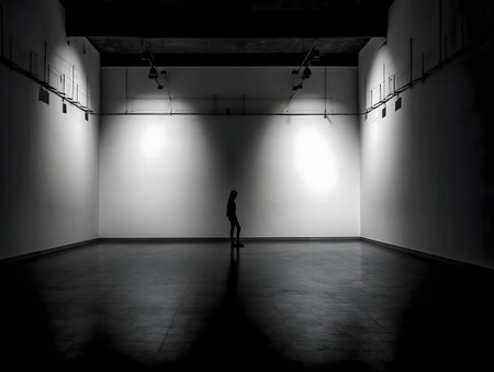 A lone figure stands in a stark, brightly lit gallery. The monochrome palette accentuates the sense of isolation.の写真素材