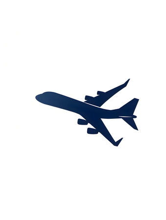 A dark blue silhouette of an airplane in flight against a white background. Travel, freedom and adventureの写真素材