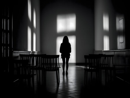 A silhouette of a woman stands alone in a dark hallway with chairs. The contrast between light and shadow is striking.の写真素材