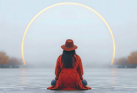 A woman in a red coat sits facing a giant luminous arch in a foggy landscape.の写真素材