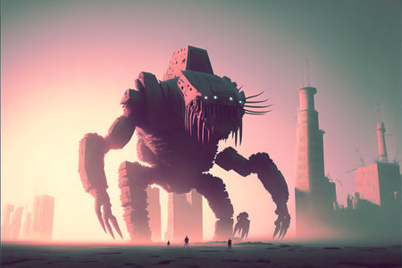 A colossal robot dominates a ruined city at sunset. The scene evokes feelings of awe and...
