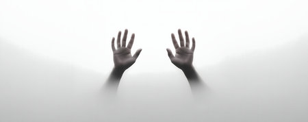 Mysterious image of two hands reaching out from a foggy background.の写真素材