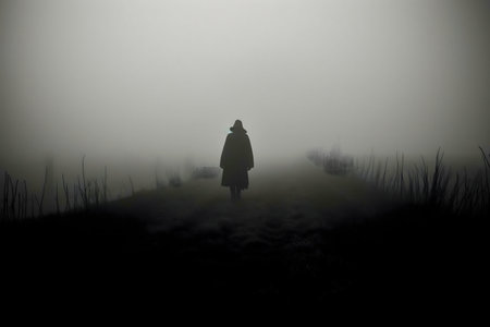A lone figure walks into a thick fog, creating a mysterious and atmospheric scene.