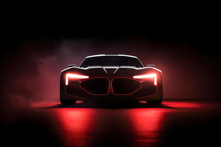 A dark sports car, illuminated, in a dramatic night scene.