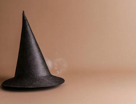 A black witch's hat sits on a brown background, with a wisp of smoke emanating from its base. Mysterious and evocativeの写真素材