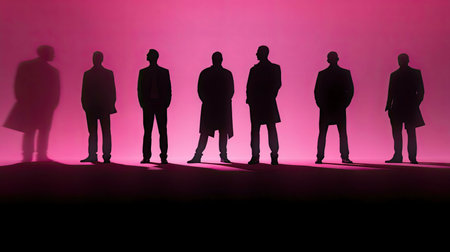 Seven male silhouettes against a pink backdrop. Mysterious and stylish.の写真素材