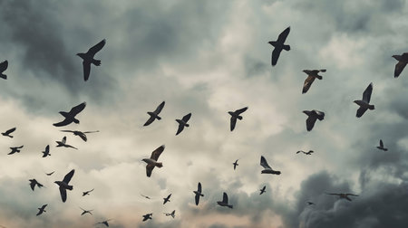 A flock of birds flying in a dark stormy skyの写真素材