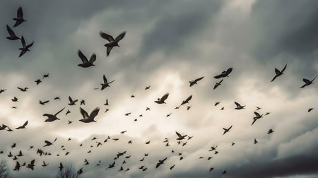 Many birds fly in a cloudy sky.の写真素材