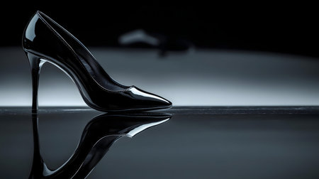 A single black high heel shoe with a perfect reflection.の写真素材