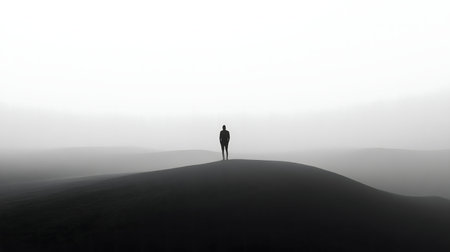 A lone figure stands atop a sand dune, shrouded in mist. Black and white photo.の写真素材