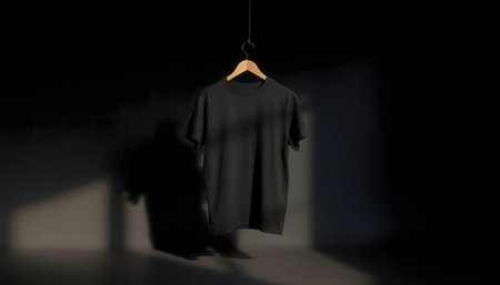 A black t-shirt hangs on a wooden hanger, styled against a dark background with subtle lighting.の写真素材