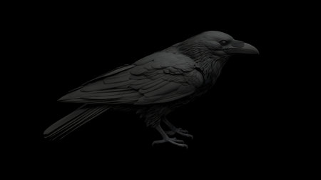 A grayscale 3D rendering of a raven, showing its intricate details against a black background.の写真素材