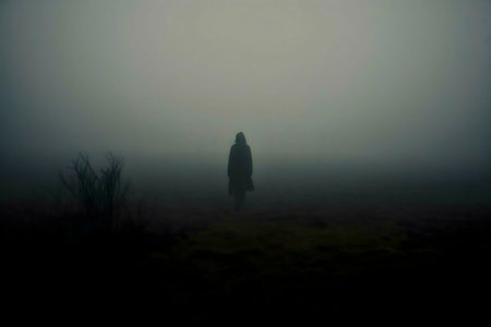 A solitary figure shrouded in dense fog, creating a mysterious and atmospheric scene.の写真素材