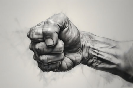 A grayscale illustration depicting a powerful clenched fist. The image conveys strength, determination, and raw emotion.の写真素材