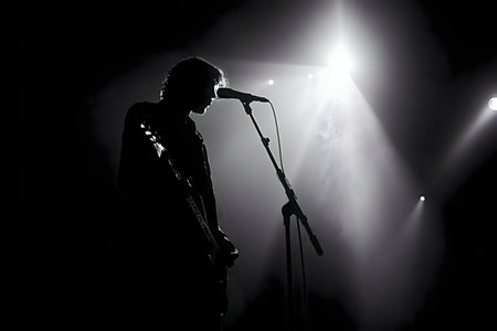 A dramatic black and white image of a musician singing into a microphone on stageの写真素材