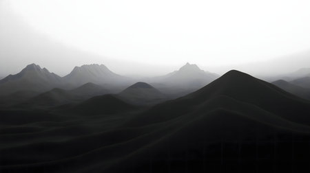 Serene monochrome mountainscape, misty hills under a gray sky.の写真素材