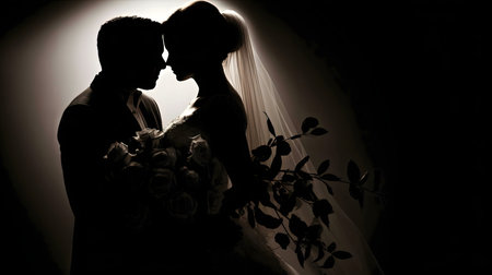 A stunning silhouette of a bride and groom embracing. Captures the intimacy and romance of their wedding day.の写真素材