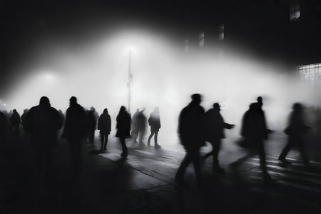 Silhouetted figures move through a dense fog on a city street at night.