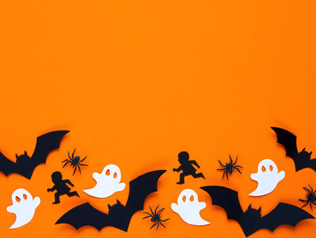Halloween themed decorations with bats, ghosts, and spiders against an orange backdrop.の写真素材