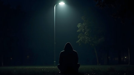 A lone figure sits in the shadows, illuminated only by a distant streetlight. The scene evokes feelings of solitude and mystery.の写真素材